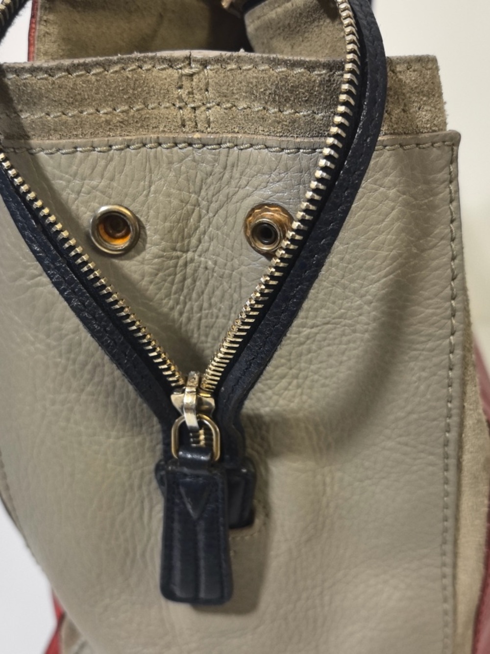 YSL Red Grey Color-Block Leather Suede Tote with Pouch - Picture 8 of 12